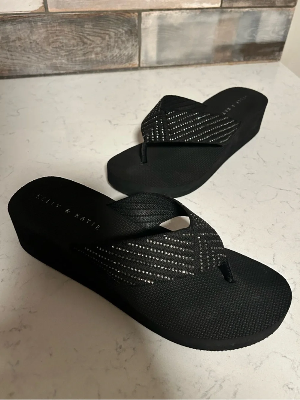 Kelly & Katie Black Wedge Flip Flop Thong Platform Sandal with Rhinestone Accent - Picture 2 of 16